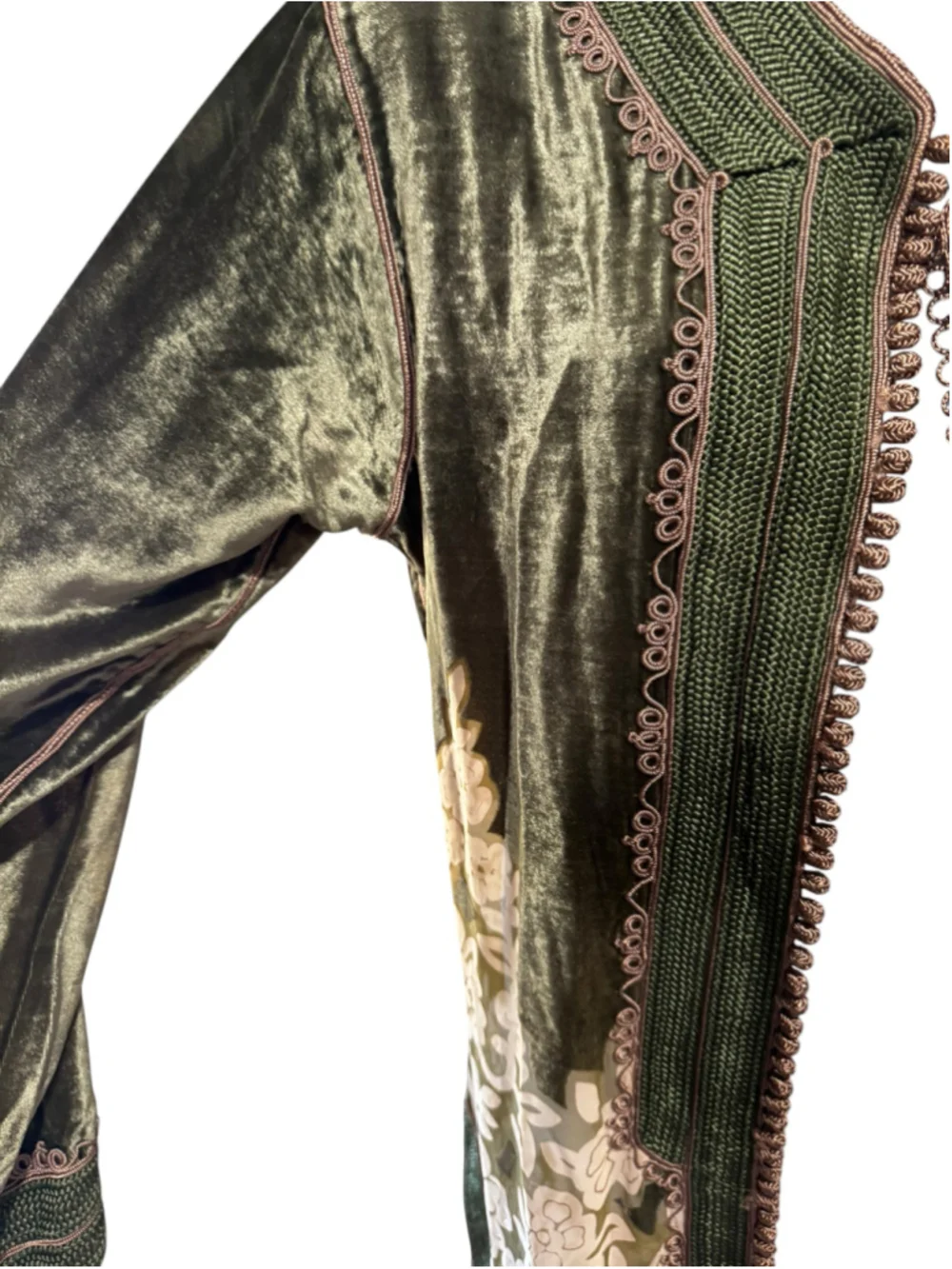 Maison du Cafian Velvet Floral Kaftan Jacket Size M Green Beige